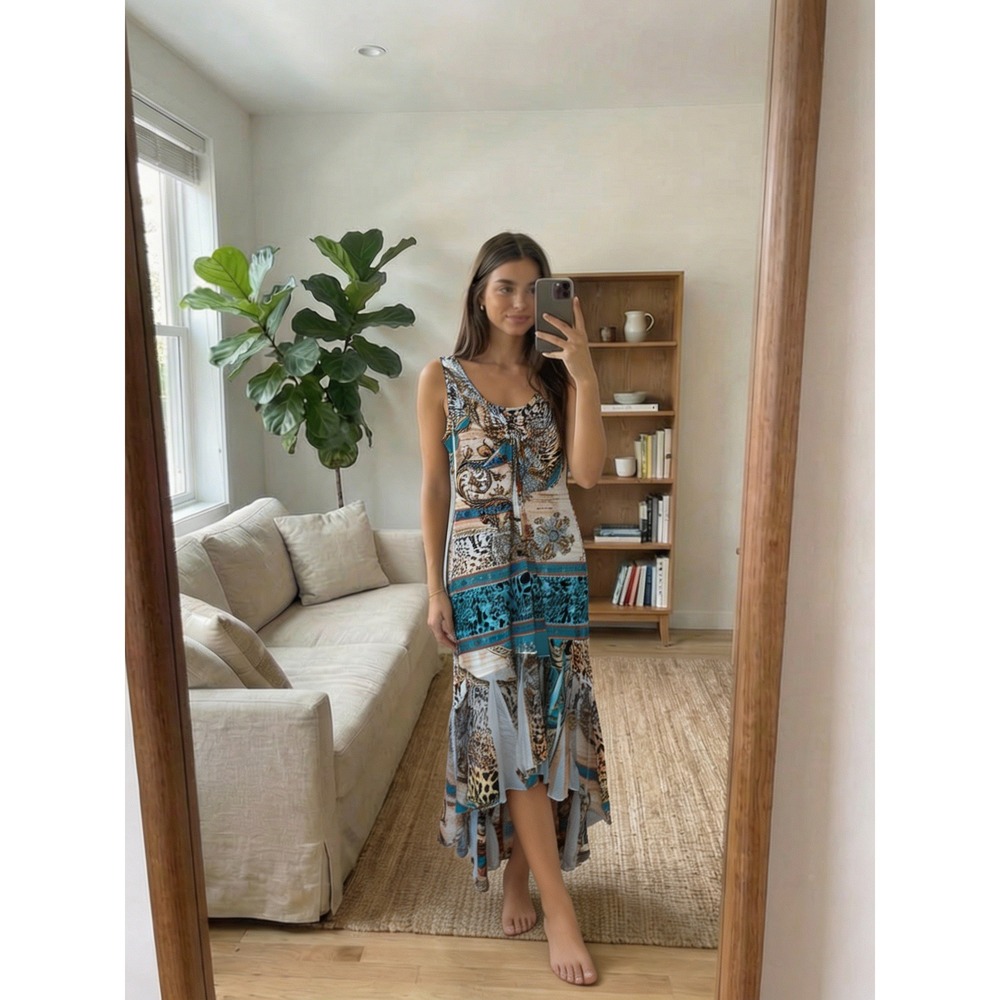 Y2K Boho Chic Beaded Asymmetrical Dress Large Blue Brown Animal Print Boho Fairy